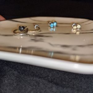 Set of hoops, blue studs, and white studs